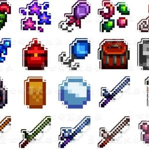 May include: A selection of pixelated stickers depicting fantasy game elements. The stickers include a green creature, purple flowers, a pink lollipop, colourful gems, a golden swirl, a blue anchor, a red chest, a blue gem, a red backpack, a grey helmet, a black lantern, a gold can, a blue sphere, and swords.