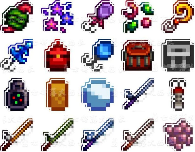 May include: A selection of pixelated stickers depicting fantasy game elements. The stickers include a green creature, purple flowers, a pink lollipop, colourful gems, a golden swirl, a blue anchor, a red chest, a blue gem, a red backpack, a grey helmet, a black lantern, a gold can, a blue sphere, and swords.