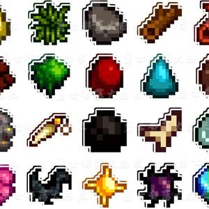 May include: A selection of pixelated stickers depicting various items. The stickers include a yellow pear, green plant, grey rock, brown log, red item, brown berries, green plant, red gem, blue gem, brown sphere, grey rock, bone, black item, mushroom, and a blue gem.