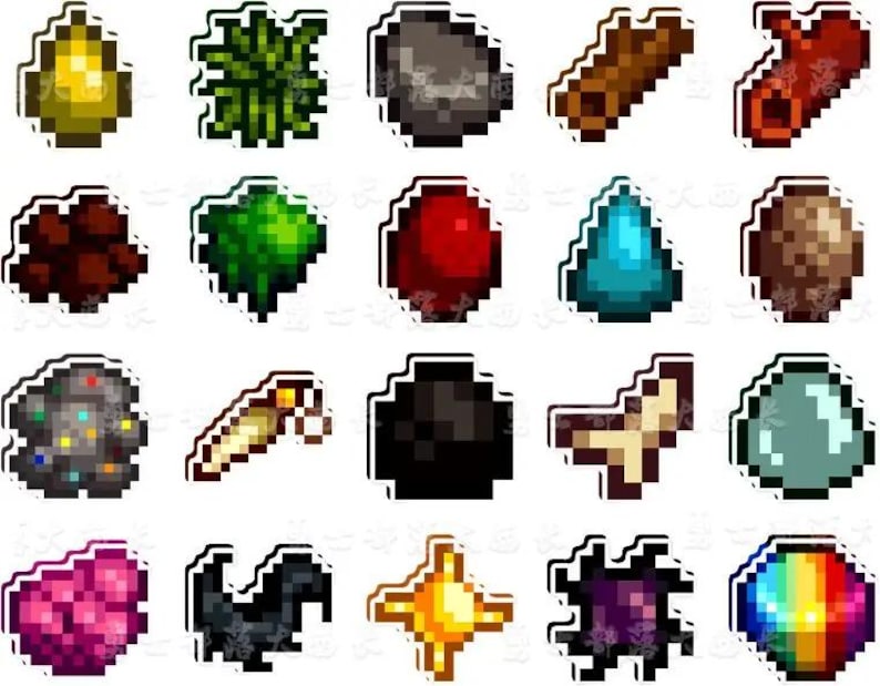 May include: A selection of pixelated stickers depicting various items. The stickers include a yellow pear, green plant, grey rock, brown log, red item, brown berries, green plant, red gem, blue gem, brown sphere, grey rock, bone, black item, mushroom, and a blue gem.
