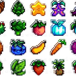 May include: A selection of pixel art stickers depicting different fruits and vegetables. Includes a banana, carrot, strawberry, and blueberry. The stickers have a white border and are in various colours.