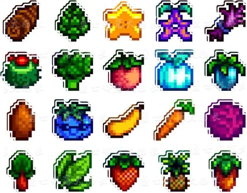 May include: A selection of pixel art stickers depicting different fruits and vegetables. Includes a banana, carrot, strawberry, and blueberry. The stickers have a white border and are in various colours.