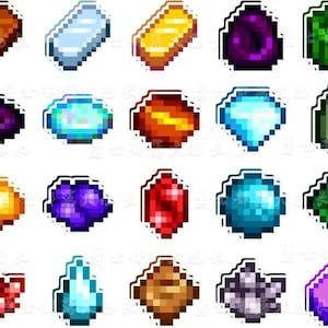 May include: A selection of pixelated gemstones in diverse shapes and colours, including brown, silver, gold, purple, green, blue, orange, red, and yellow. Each gem has a white outline, in a digital art style.
