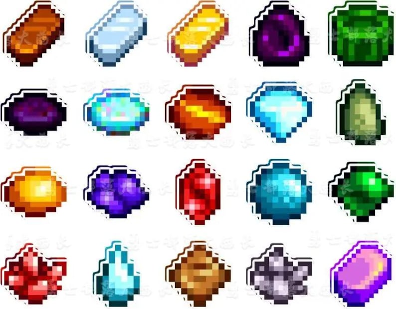 May include: A selection of pixelated gemstones in diverse shapes and colours, including brown, silver, gold, purple, green, blue, orange, red, and yellow. Each gem has a white outline, in a digital art style.