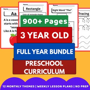 May include: Educational materials for preschoolers. The image shows a stack of colorful rectangular blocks with text that reads "900+ Pages", "3 YEAR OLD", "FULL YEAR BUNDLE", and "PRESCHOOL CURRICULUM". There are also worksheets with letters and shapes.
