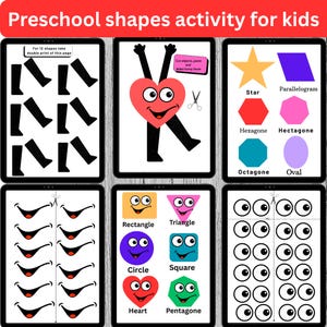 May include: A set of six activity sheets for preschool children. The sheets feature various shapes, including a star, hexagon, and oval, along with instructions to cut, paste, and make funny faces. The text "Preschool shapes activity for kids" is at the top.