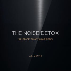 May include: A book cover with a dark background and a diagonal silver metallic stripe. The title "THE NOISE DETOX" is in white, with "SILENCE THAT SHARPENS" below it. The author's name, J.D. VEYNE, is at the bottom.