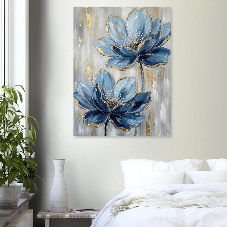 Navy and Gold Floral Print | Abstract Flower Wall Art - Etsy