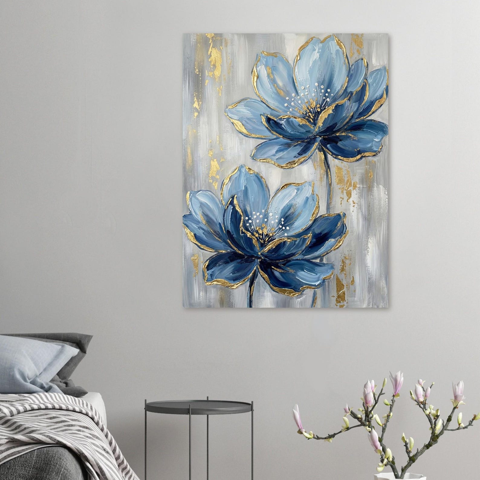 Navy and Gold Floral Print | Abstract Flower Wall Art - Etsy