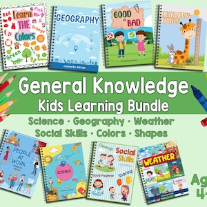 Puede incluir: Un conjunto de cuadernos educativos para niños, con títulos como "Aprende los colores", "Geografía" y "Bueno o Malo". Los libros son coloridos y están diseñados para niños de 4 a 7 años, con lápices de colores en el fondo.