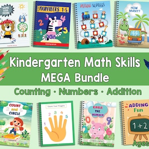 May include: A set of spiral-bound workbooks for kindergarten maths skills. The covers display colourful illustrations of animals, numbers, and counting activities. The bundle includes topics like counting, numbers, and addition for ages 4-6.