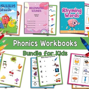 Może przedstawiać: Zestaw zeszytów ćwiczeń i kart słownych dla dzieci z zakresu fonetyki. Zeszyty zawierają tytuły takie jak "Beginning Blends", "Beginning Sounds" i "Rhyming Words". Zawierają kolorowe ilustracje i treści edukacyjne. Rozrzucone są kredki i ołówki.