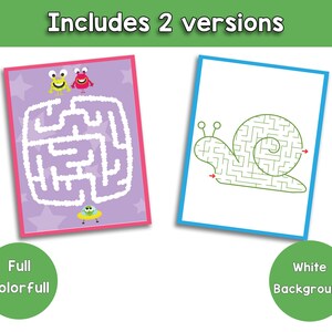 May include: Two colorful maze puzzles. One has a purple background with a maze and cartoon aliens. The other has a white background with a snail maze. The text at the top says "Includes 2 versions".