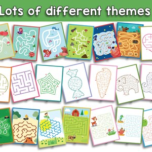 May include: A collection of colorful maze puzzles with various themes, including animals, shapes, and scenes. The text "Lots of different themes" is displayed at the top. Each puzzle is printed on a white background with a colored border.
