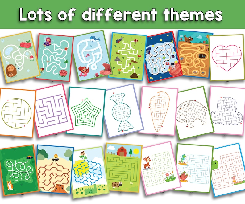 May include: A collection of colorful maze puzzles with various themes, including animals, shapes, and scenes. The text "Lots of different themes" is displayed at the top. Each puzzle is printed on a white background with a colored border.
