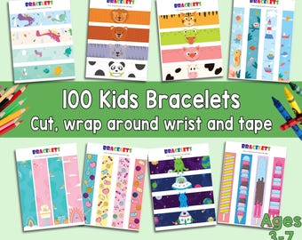 100 Kids Printable Paper Bracelets, Cut and Wear Craft Activity (Digital Download)