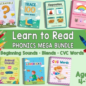 Könnte beinhalten: Eine Sammlung von Kinderbüchern mit Spiralbindung und farbenfrohen Einbänden. Titel sind "Unscramble", "Trace 100 Sight Words", "Opposites", "Nursery Rhymes", "Animal Sounds", "Limericks" und "CVC Words". Der Text "Learn to Read PHONICS MEGA BUNDLE" wird angezeigt.