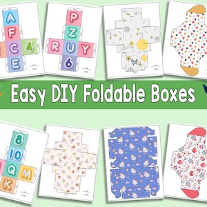 May include: A collection of printable DIY foldable box templates. The designs include alphabet letters, numbers, and various patterns like hearts, flowers, and a unicorn theme. The text "Easy DIY Foldable Boxes" is displayed in green.