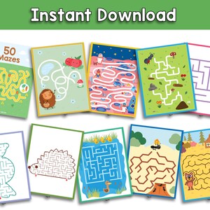May include: A collection of colorful maze puzzles for children. Each puzzle features a unique design with illustrations of animals, food, and other objects. The text "Instant Download" is at the top. The puzzles are designed to be engaging and educational.