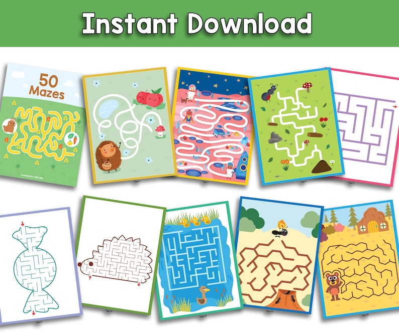 May include: A collection of colorful maze puzzles for children. Each puzzle features a unique design with illustrations of animals, food, and other objects. The text "Instant Download" is at the top. The puzzles are designed to be engaging and educational.