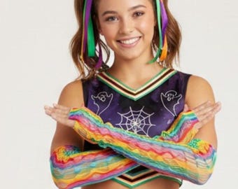 Guantes largos de malla arcoíris, mangas coloridas hasta el codo, accesorios elásticos para fiestas, bailes, festivales y eventos navideños.