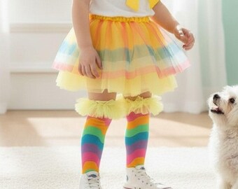 Calcetines altos hasta la rodilla de princesa arcoíris para niñas • Calcetines coloridos con volantes para fiestas • Calcetines largos y suaves a la moda para conjuntos infantiles, bailes y sesiones de fotos