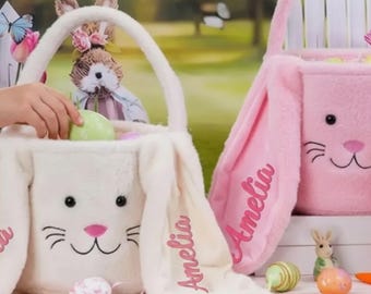 Canasta de Pascua personalizada con conejito de peluche, decoración pastel, regalo para tu primera Pascua