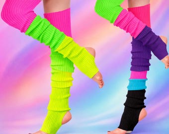 Calentadores de piernas neón para mujer - Calcetines de baile de punto acanalado coloridos para yoga, fitness y ballet - Estilo retro - Leggings con talón descubierto - Calentadores elásticos brillantes