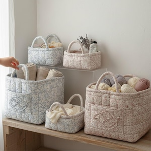 Quilted Fabric Storage Baskets Set of 4 – Cotton Organizer Bins for Nursery, Bathroom, Shelves, Decorative Pink and Blue Patchwork Baskets,