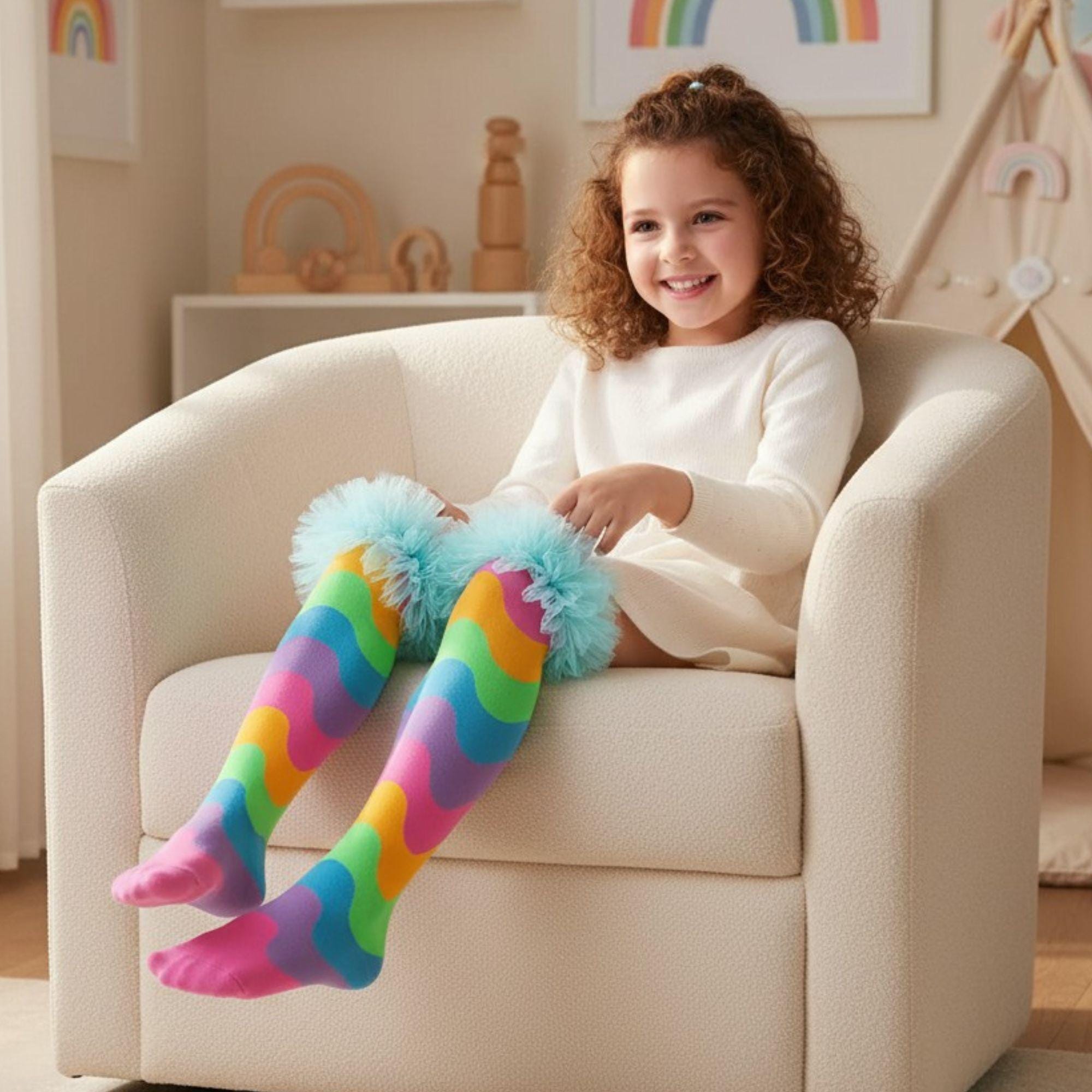 Rainbow Princess Knee High Socks for Girls * Colorful Ruffle Party Socks * Soft Long Fashion Socks for Kids Outfits, Dance & Photoshoots