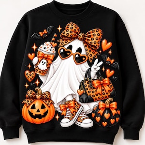 Peut inclure: Un sweat-shirt noir avec un motif central représentant un fantôme blanc portant des lunettes de soleil en forme de cœur et un grand nœud à motif léopard. Il tient un gobelet et un sac à main léopard, entouré de citrouilles et cœurs.
