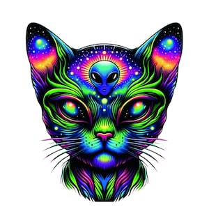 Psychedelic Alien Cat Sublimation Clipart | PNG Transparent 300 DPI | 4096 x 4096 Pixels | 13.65 x 13.65 Inches | DigitalDownload