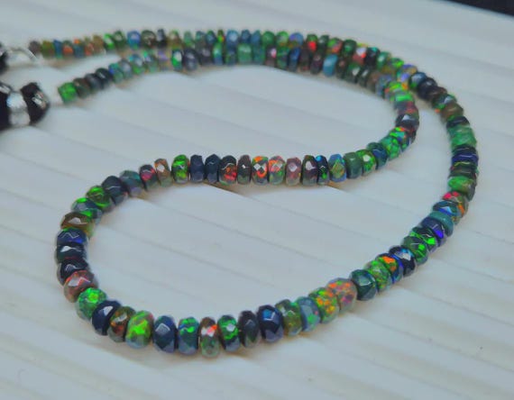 Faceted Black Opal Bead Necklace, Genuine Gemstone, October Birthstone