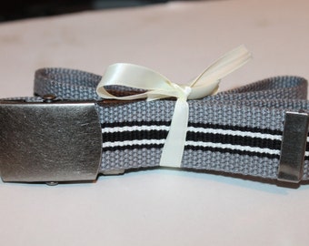 Grey Striped Belt Black, White and Grey 1.25" Wide D Ring or Slide Buckle