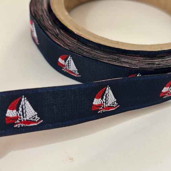 Sailboat Ribbon Navy Anchor Ribbon White and Navy  Jacquard Ribbon nautical Ribbon Trim 5/8"