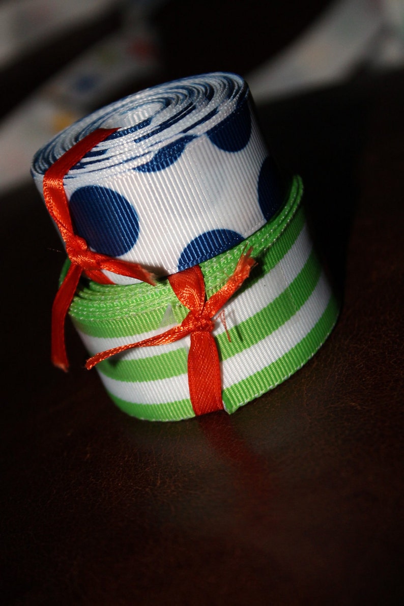 Preppy Ribbon Set Green Stripes and Navy Blue Dots 10 Yards - Etsy