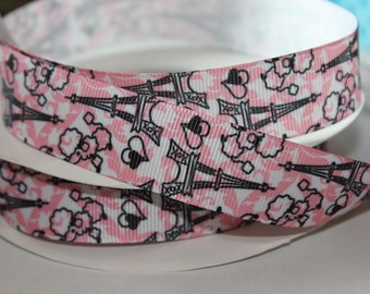 Paris Ribbon French Poodle Eiffel Tower  7/8" wide Pink PAris Grosgrain Ribbon Poodle Ribbon Pink Poodle Ribbon Novelty Grosgrain