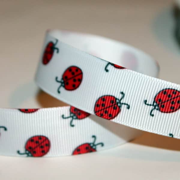 Ladybug Ribbon  Red Ladybug Ribbon Grosgrain Ribbon Lady bug Printed Ribbon Ribbon with Bugs Red and White Grosgrain Ribbon by the Roll