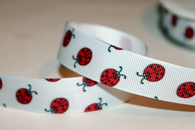 Ladybug Ribbon Red Ladybug Ribbon Grosgrain Ribbon Lady bug Printed Ribbon Ribbon with Bugs Red and White Grosgrain Ribbon by the Roll image 1