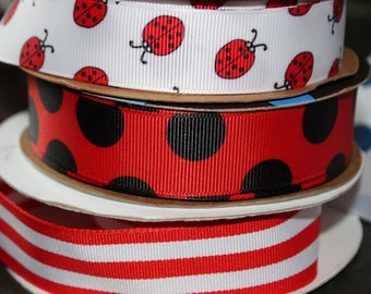 Ladybugs, Polka Dots  Ribbon Set Red and Black Stripes REd and Black