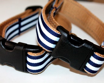 Nautical Dog Collars Navy Stripe Dog Collar and Leash Large Dog Collar Boy Pet Collar Navy Stripe Collar Khaki Dog Collar Small Dog Collar