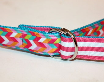 Girls Reversible Belt Girls Turquoise Belt Reversible to Pink Stripes Teen Aqua Belt Hot Pink Girls D ring Belt