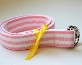 Girls Ribbon Belt Pink Stripe Belt PInk and White Stripe Belt Light Pink Ribbon Belt Girls Striped D Ring Belt Girls D Ring BElt