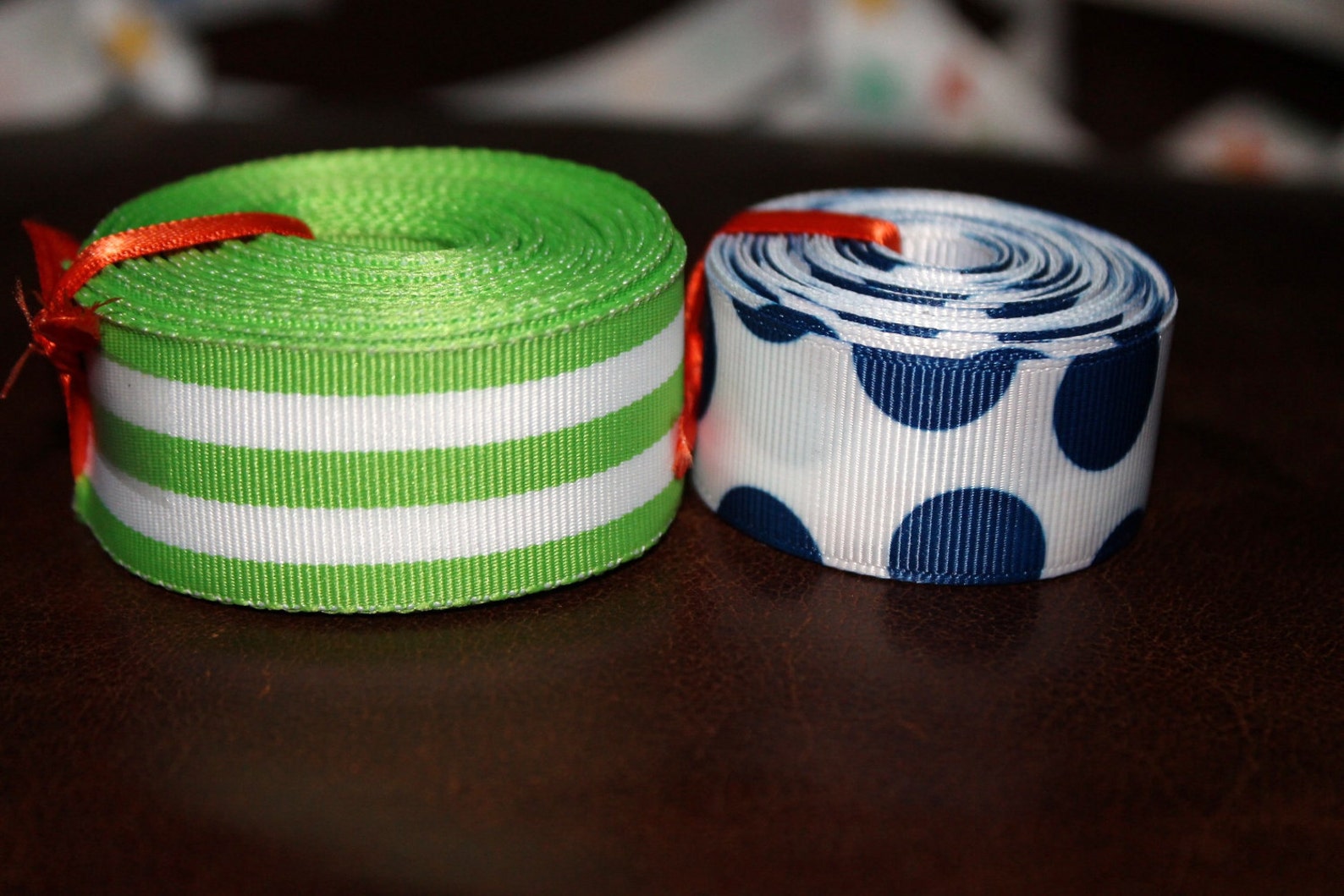 Preppy Ribbon Set Green Stripes and Navy Blue Dots 10 Yards - Etsy