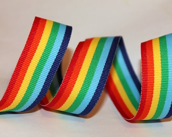 Rainbow Stripe Ribbon 7/8 inch, red, yellow, orange, green and blue, 20 yards