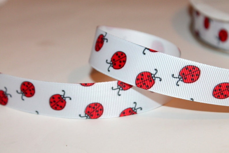 Ladybug Ribbon Red Ladybug Ribbon Grosgrain Ribbon Lady bug Printed Ribbon Ribbon with Bugs Red and White Grosgrain Ribbon by the Roll image 3