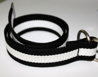 Striped Webbing Belt Black and White Men Ladies Belt 1.25" Wide Black and White Belt Black Striped D Ring Belt Military Slide Belt