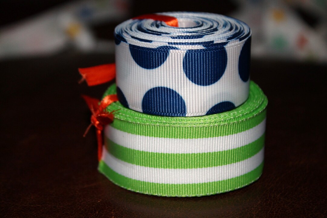 Preppy Ribbon Set Green Stripes and Navy Blue Dots 10 Yards - Etsy