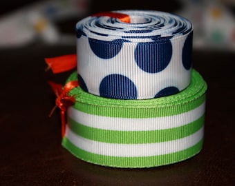 Preppy Ribbon Set Green Stripes and Navy Blue Dots 10 yards