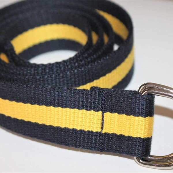 Navy and Yellow Belt Mens Blue and Gold Belt Womens Blue and Gold D Ring 1.25" Wide Navy and Yellow Canvas Belt Striped Blue and Yellow Belt